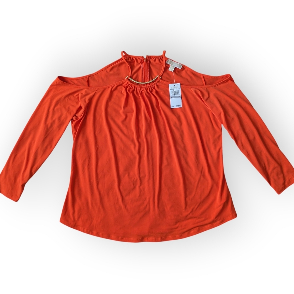 MICHAEL Michael Kors Poppy Orange Gold Tone Halter Cold Shoulder Blouse 1X NWT - Picture 2 of 16